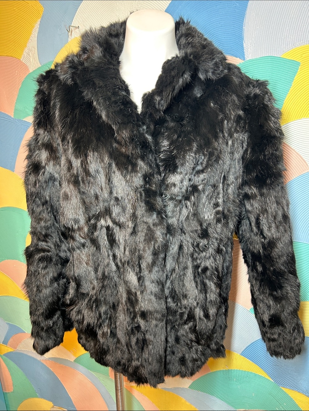 Vintage Women's Black Rabbit Fur Teddy Jacket - Plush Warmth sz XL - Picture 1 of 14